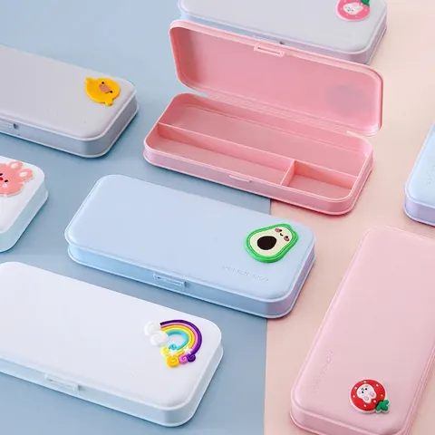 Minimalist Portable Plastic Pencil Case With 3D Cartoon Patches Multi-functional Frosted Stationery Storage Box For School Students Kids Office