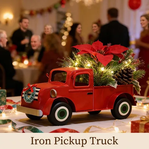 Vintage Metal Red Truck Christmas Ornament With LED Lights Pine Needles Poinsettia Retro Iron Pickup Truck Home Decor