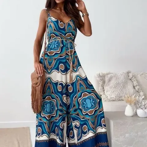 Combinaison Bohème Imprimée Florale pour Femme Col en V Sans Manches Jambe Large Barboteuse Avec Ceinture Vacances à la Plage Top And Bottom