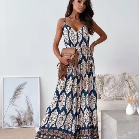 Combinaison Bohème Imprimée Florale pour Femme Col en V Sans Manches Jambe Large Barboteuse Avec Ceinture Vacances à la Plage Top And Bottom