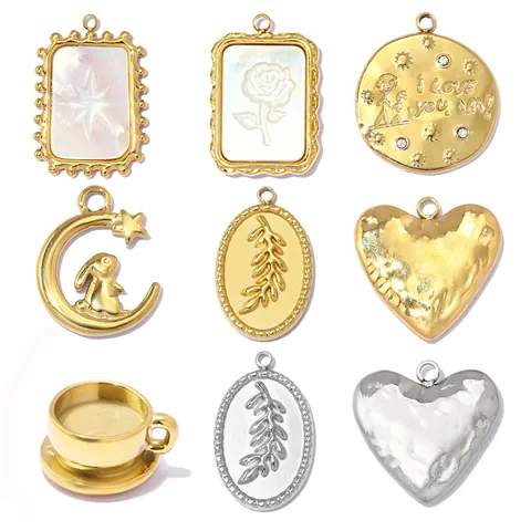 Stainless Steel Titanium Pendant For Women DIY Jewelry Making Heart Rose Rabbit Moon Coffee Cup Charm Rhinestone Gold Silver Accessories