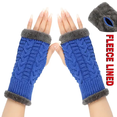 Women Cable Knit Fingerless Gloves Winter Warm Fleece Lined Arm Warmers With Faux Fur Trim Thick Knitted Half Finger Mitten