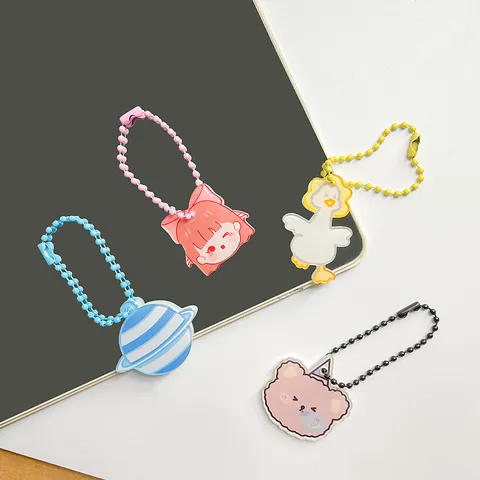 Cute Cartoon Acrylic Keychain Pendant DIY Bag Accessories Rabbit Bear Sun Astronaut Keychain With Colorful Bead Chain Gift