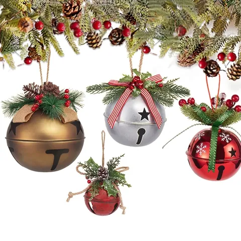 Vintage Christmas Iron Bell Hanging Ornament Distressed Metal Star Hollow Bell With Pine Cone Berry For Xmas Tree Home Decoration