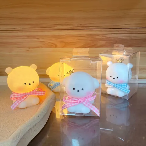 Cute LED Crown Bear Night Light Vinyl Battery Operated Warm Lamp Plaid Bow Animal Desktop Ornament Sleep Light For Kids Bedroom Birthday Gift