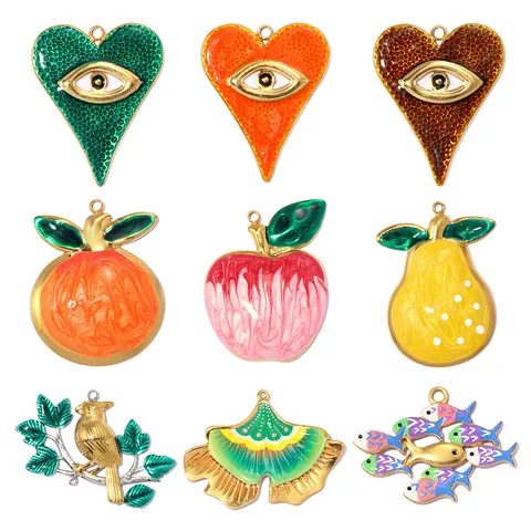 Stainless Steel Enamel Heart Evil Eye Fruit Bird Ginkgo Leaf Fish DIY Pendant Accessories For Earrings Necklace Jewelry Making
