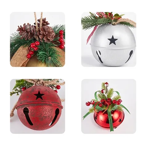 Vintage Christmas Iron Bell Hanging Ornament Distressed Metal Star Hollow Bell With Pine Cone Berry For Xmas Tree Home Decoration