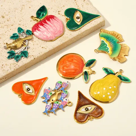 Stainless Steel Enamel Heart Evil Eye Fruit Bird Ginkgo Leaf Fish DIY Pendant Accessories For Earrings Necklace Jewelry Making