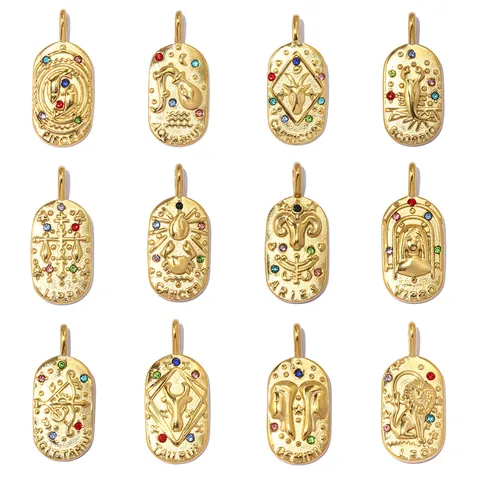 French Vintage Stainless Steel Twelve Zodiac Oval Pendant For Women DIY Jewelry Making Gold Plated Rhinestone Zodiac Sign Charm
