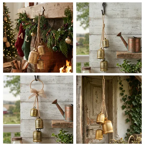 Vintage Christmas Metal Cow Bells Hanging Decor Rustic Shabby Iron Bells With Jute Rope For Outdoor Garden Holiday Home Decoration