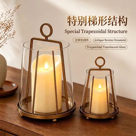 European Vintage Glass Candle Holder Metal Frame Windproof Candlestick Antique Bronze Gold Wedding Decoration Home Decor