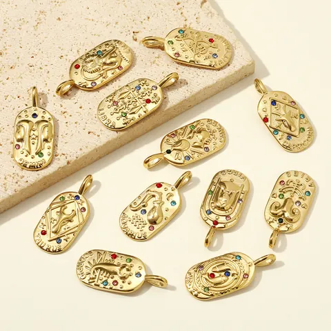 French Vintage Stainless Steel Twelve Zodiac Oval Pendant For Women DIY Jewelry Making Gold Plated Rhinestone Zodiac Sign Charm