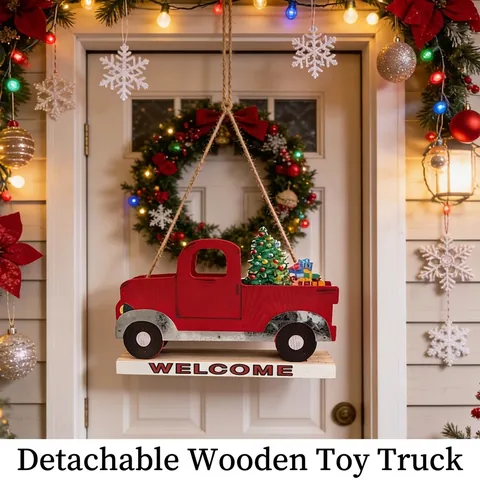 Rustic Red Wood Truck Christmas Decoration With 10 Interchangeable Holiday Icons And LED String Light Welcome Sign Tabletop Ornament
