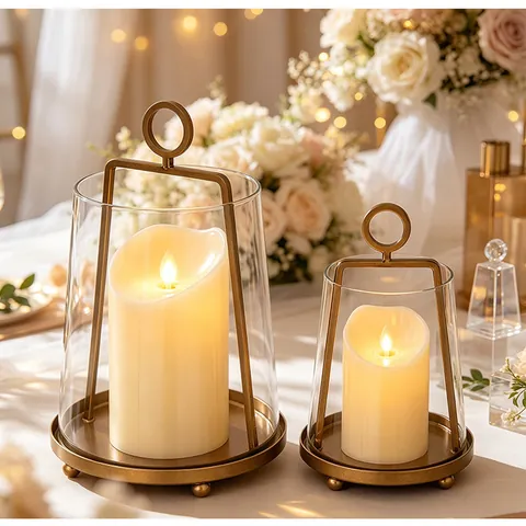 European Vintage Glass Candle Holder Metal Frame Windproof Candlestick Antique Bronze Gold Wedding Decoration Home Decor