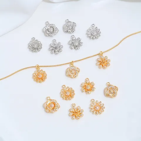14K Gold Plated Brass Zirconia Flower Pendants Camellia Rose Daisy Charms For DIY Bracelet Necklace Earring Jewelry Making