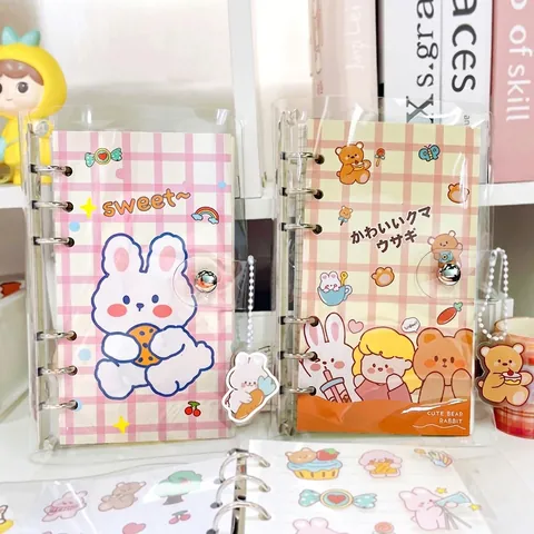 Cute Cartoon Loose-Leaf Notebook Set With PVC Cover Kawaii Bear Rabbit 6-Ring Binder Hand Ledger Diary Journal For Student School Office Supplies