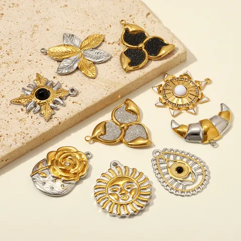 Colgantes DIY de Acero Inoxidable Vintage Bicolor Rosa Flor Sol Cara Ojo Turco Estrella Cruz Hoja Esmalte Diamante Imitación