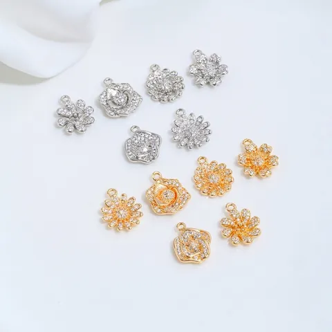 14K Gold Plated Brass Zirconia Flower Pendants Camellia Rose Daisy Charms For DIY Bracelet Necklace Earring Jewelry Making