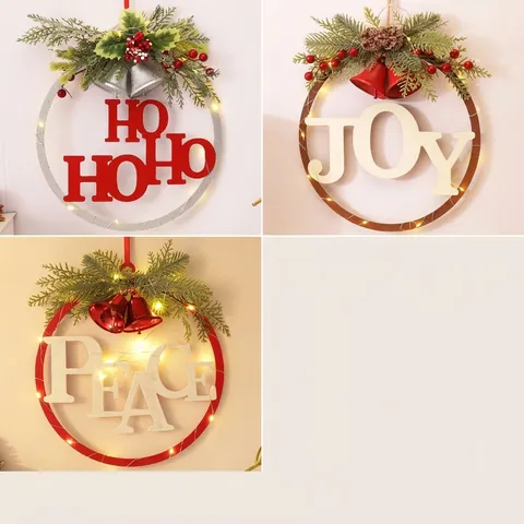 LED Christmas Wreath Metal Letter Wall Hanging Decoration With Pine Cone Berry Bell HOHOHO JOY PEACE Festive Home Decor