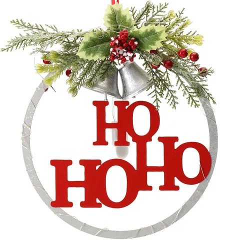 LED Christmas Wreath Metal Letter Wall Hanging Decoration With Pine Cone Berry Bell HOHOHO JOY PEACE Festive Home Decor