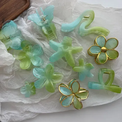 Pinza para el Cabello de Gelatina en Degradado Verde Lima Estilo Vacaciones Mariposa Plumeria Estrella de Mar Accesorios para el Cabello de Playa para Mujer