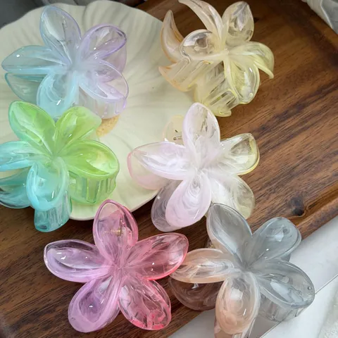 Gradiënt Plumeria Haarklem Elegante Gelei Textuur Bloemblad Shark Clip Voor Vrouwen Vakantie Haarstyling Accessoire