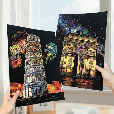 A3 Laser Scratch Painting Set Colorful City Night View DIY Art Decompression Scratch Board With Gold Pen For Adults Craft