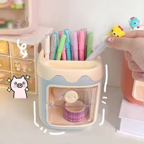 Cartoon Piggy Pen Holder Large Capacity Desktop Organizer With Drawer Transparent Window Kawaii Stationery Storage Box For Students Office Home School
