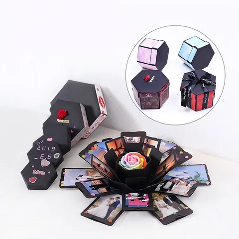 DIY Hexagon Explosion Box Surprise Gift Box Handmade Multi Layer Photo Album For Birthday Valentine Anniversary Celebration Black Cardstock Box