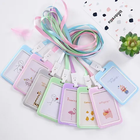Cute Cartoon Lanyard Card Holder For Students ID Badge Protective Sleeve With Neck Lanyard Portable Bus Card Protector School Office Accessory
