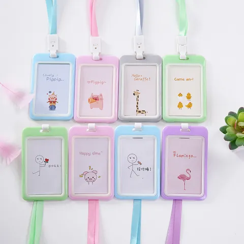 Cute Cartoon Lanyard Card Holder For Students ID Badge Protective Sleeve With Neck Lanyard Portable Bus Card Protector School Office Accessory