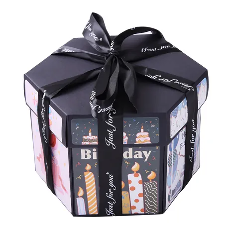 DIY Hexágono Caja de Explosión Sorpresa Caja de Regalo Hecha a Mano Álbum de Fotos Multicapa Para Cumpleaños San Valentín Aniversario Celebración Negro Cartulina Caja