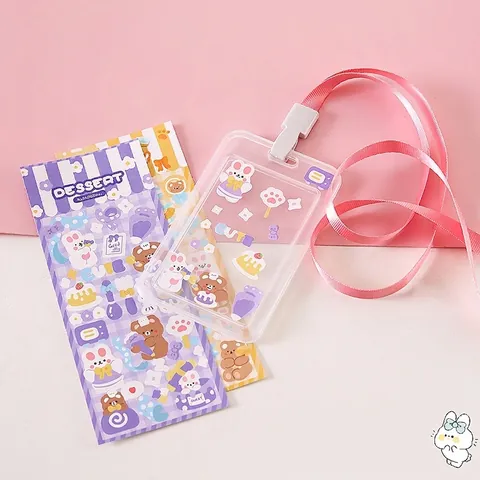 Cartoon Transparent PP Card Holder With Lanyard Cute Animal Stickers DIY Bus ID Badge Sleeve For Student Office Daily Use