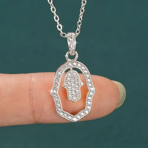 Vintage Hollow Hamsa Hand Evil Eye Pendant Necklace For Women 14K Gold Plated Zirconia Inlaid Retro Individual Jewelry Gift