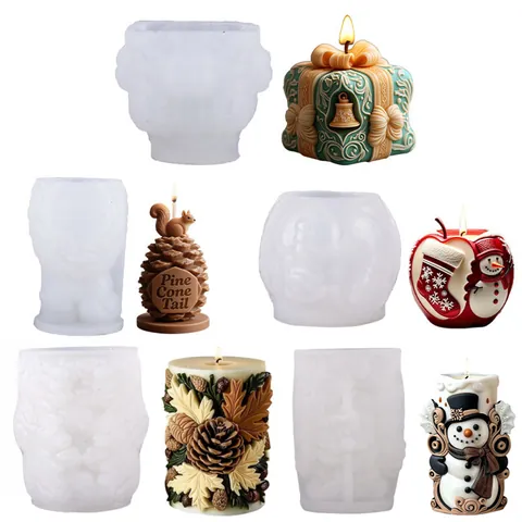 3D Weihnachts Serie DIY Duftkerze Silikonform Apfel Tannenzapfen Schneemann Geschenkbox Handgefertigte Seife Gips Aromaform