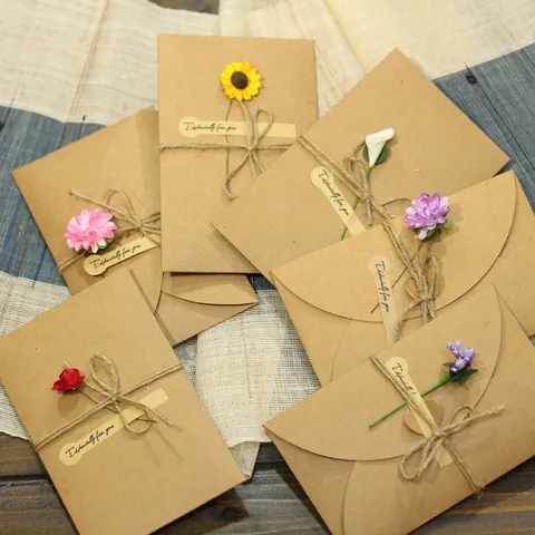 Retro Kraft Paper Handmade Greeting Card With Dried Flowers Jute Rope For Birthday Wedding Party DIY Blessing Invitation Card