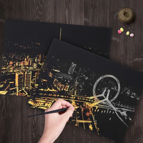 City Nightscape Scratch Art Set DIY Creative Architecture Scratchboard Paper Artistic Handmade Drawing Gift For Adults Students Home Decor