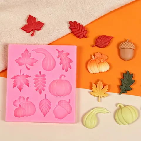 Autumn Harvest Theme Silicone Mold Pumpkin Maple Leaf Acorn Pine Nut Fondant Cake Decoration Mold DIY Baking Tools Pink