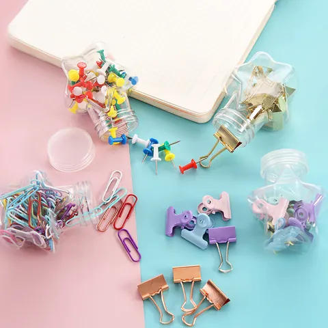 Macaron Plastic Stationery Set Star Shaped Bottle Colored Binder Clips Paper Clips Push Pins For School Student Desk