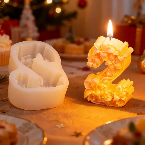 3D Rose Flower Number 2 Silicone Mold For DIY Scented Candle Wax Resin Soap Relief Floral Birthday Cake Baking Decorating Tool