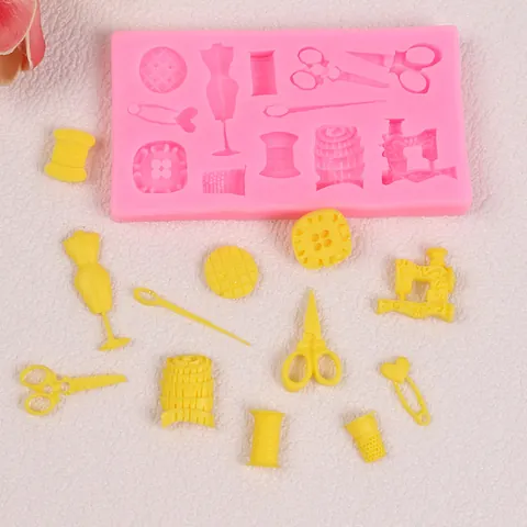 DIY Sewing Tools Theme Silicone Mold Sewing Machine Scissors Button Shape For Fondant Cake Decoration Chocolate Candy Clay Making Baking Tools