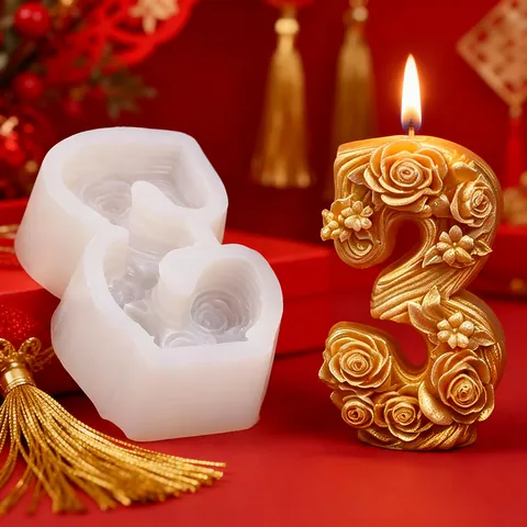 3D Rose Flower Number 3 Silicone Mold For DIY Handmade Soap Scented Candle Fondant Cake Decorating Crafting Relief Mold