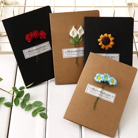Handmade Retro Kraft Paper 3D Dried Flower Greeting Card Best Wishes Stationery Cards For Wedding Birthday Festival Gift