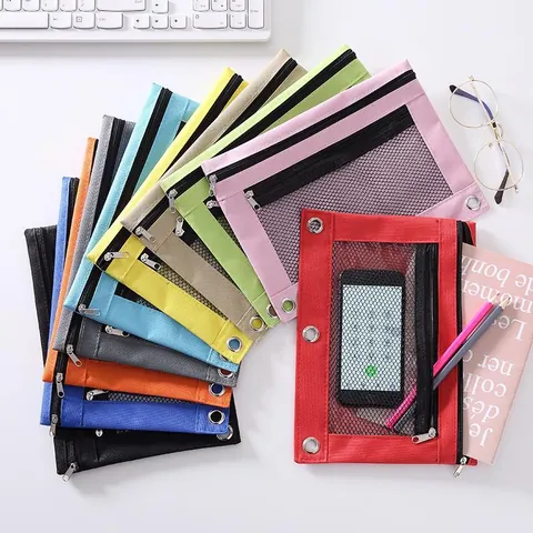 Draagbare Mesh Pennenetui Voor Ringband Bevestiging Drie Gaten Ontwerp Oxford Stof Rits Briefpapier Etui Student School Kantoor Organizer
