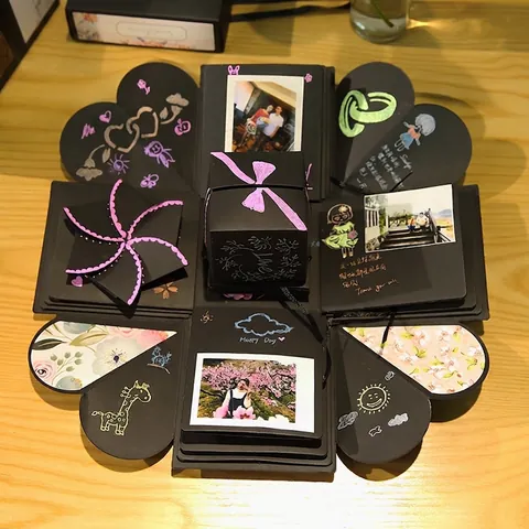 Caja de Explosión Creativa DIY Álbum de Fotos Sorpresa Caja de Regalo para Cumpleaños Aniversario Boda Caja de Memoria Hecha a Mano Cartulina Negra