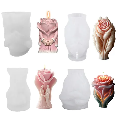 Stampo in Silicone a Forma di Rosa e Cuore per Candele Profumate Fai da Te Strumento per Sapone in Gesso Resina a Rilievo Floreale di Coppia Romantica