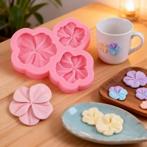Rosa 3-Loch Silikonform In Blumenform Für Fondant Seife Schokolade Kerze Ton DIY Backen Basteln Handgefertigte Deko