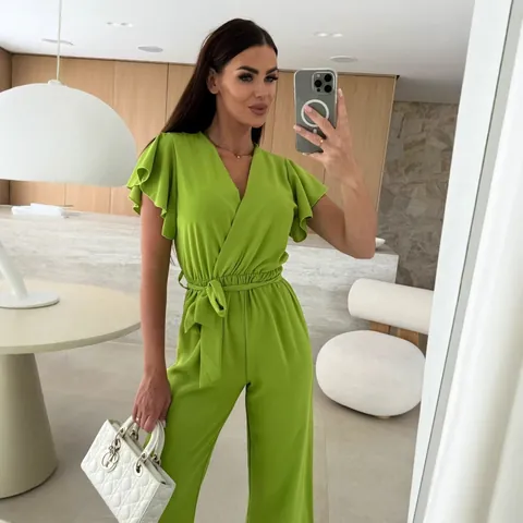 Women Sexy V-Neck Jumpsuit With Ruffle Short Sleeve Tie Waist Wide Leg Long Pant Top And Bottom Casual Fashion Jumpsuit