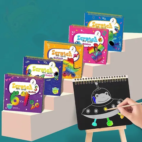 Kids Creative Rainbow Scratch Art Book DIY Spiral Bound Drawing Notebook Cartoon Dinosaur Sea Animal Space Theme Educational Craft Toy