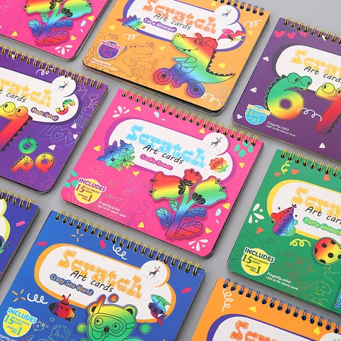 Kids Creative Rainbow Scratch Art Book DIY Spiral Bound Drawing Notebook Cartoon Dinosaur Sea Animal Space Theme Educational Craft Toy